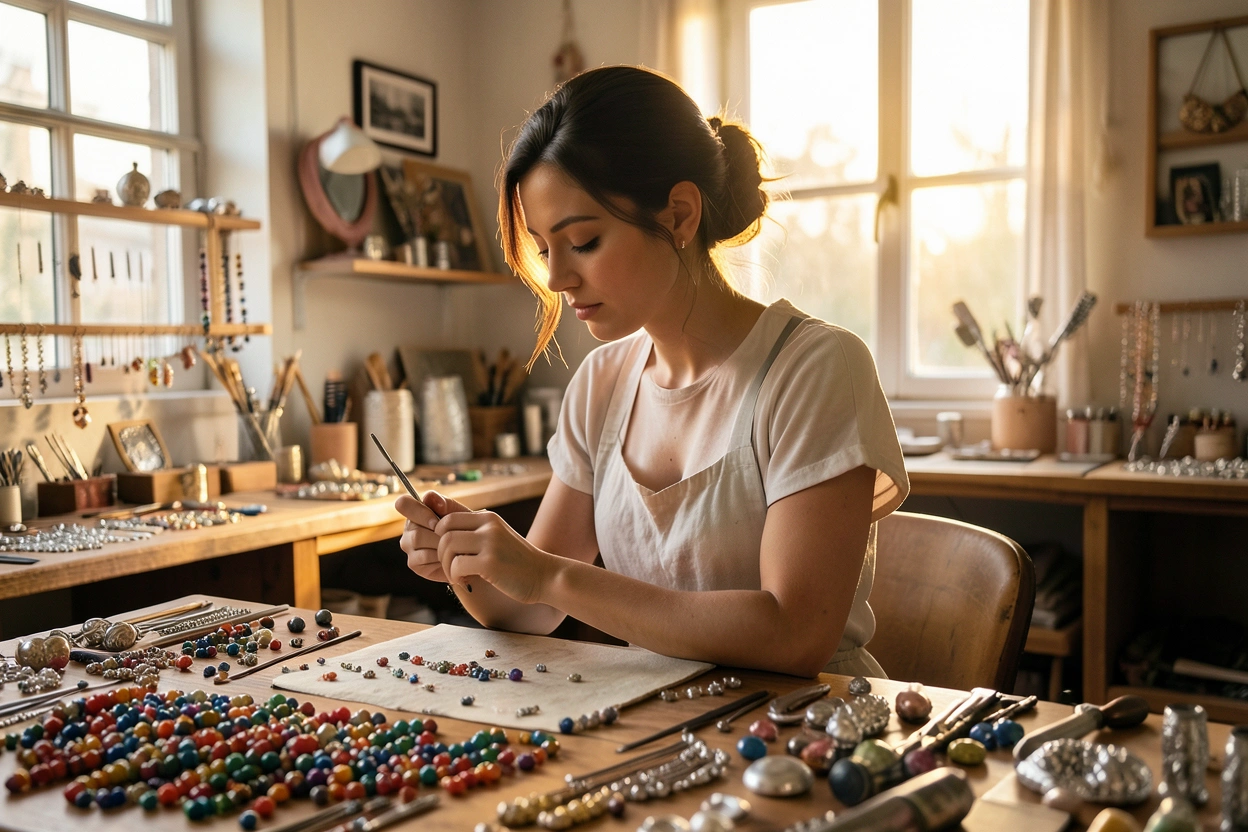 Dyan Rosenberg, jewelry artist at work in her studio