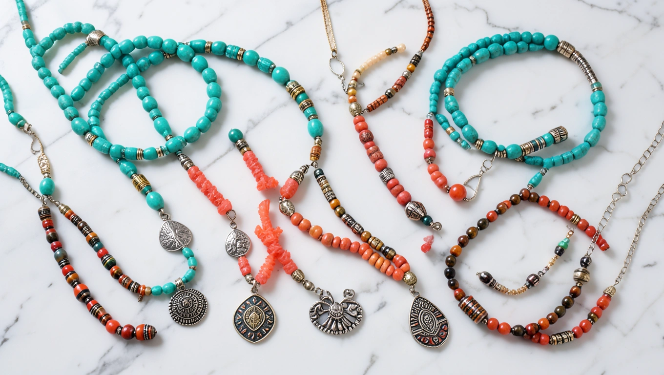 Flatlay of Dyan Rosenberg ethnic jewelry collection with silver, turquoise and coral