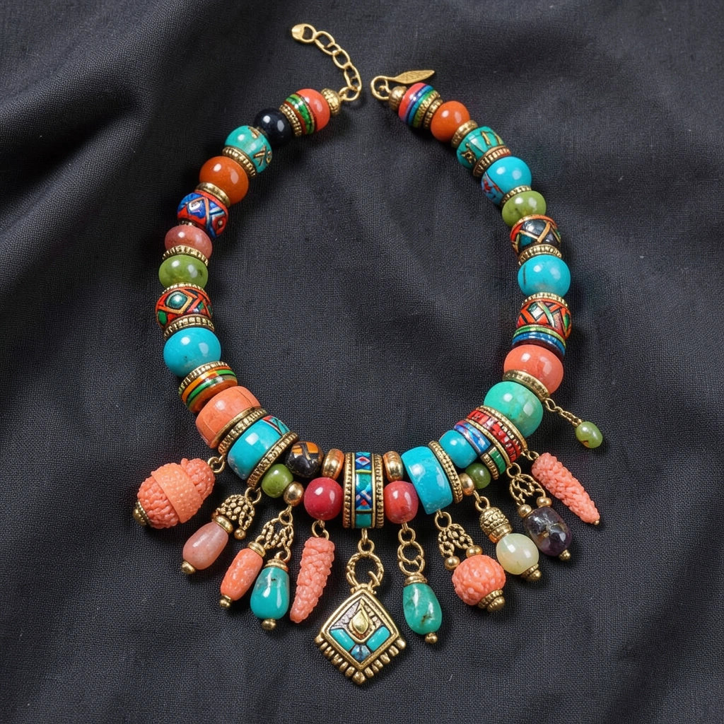 Multicolored ethnic necklace with pendants