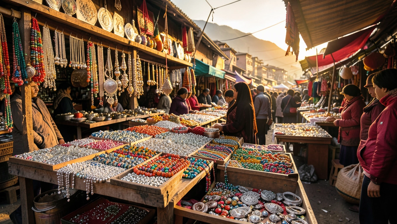 Vibrant bazaar market in Nepal with silver jewelry and colorful beads